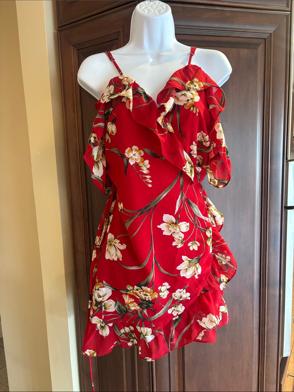 Luxxel Red Floral Cold Shoulder Ruffle Dress